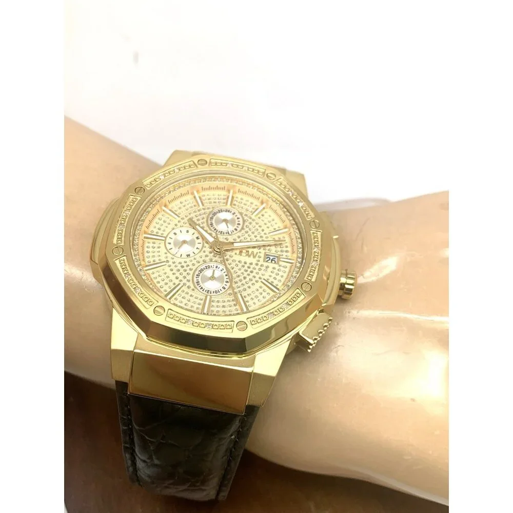 JBW Men's Watch JB-6101L-10A Saxon Diamond Quartz Gold Black Leather Band 48mm